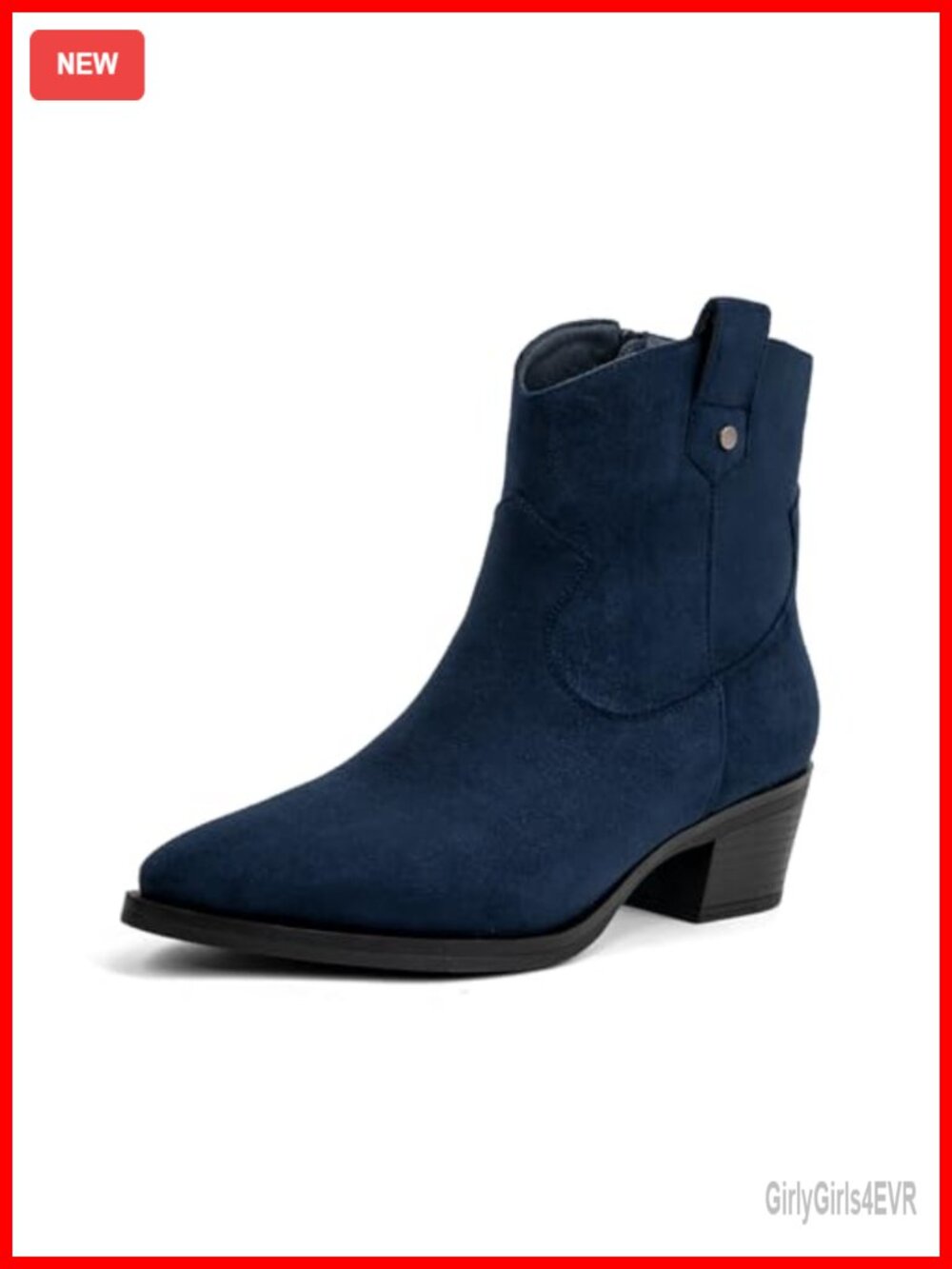 Women's Western Ankle Boots Pointed Toe Low Chunky Heel Side Zipper Faux Suede